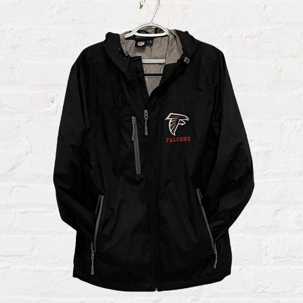 NFL Atlanta Falcons Black Hooded Windbreaker Jacket Mens Medium Full Zip